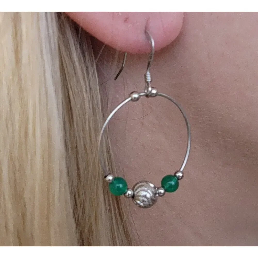 Solid 925 Sterling Silver Fine‎ Jewelry Round Hoop Earrings green Aventurine new